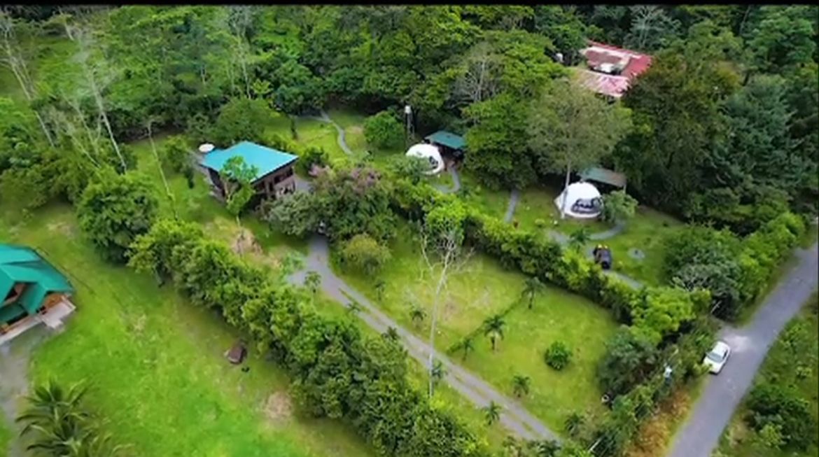 Vista aérea del bosque y los hospedajes de Río Blanco